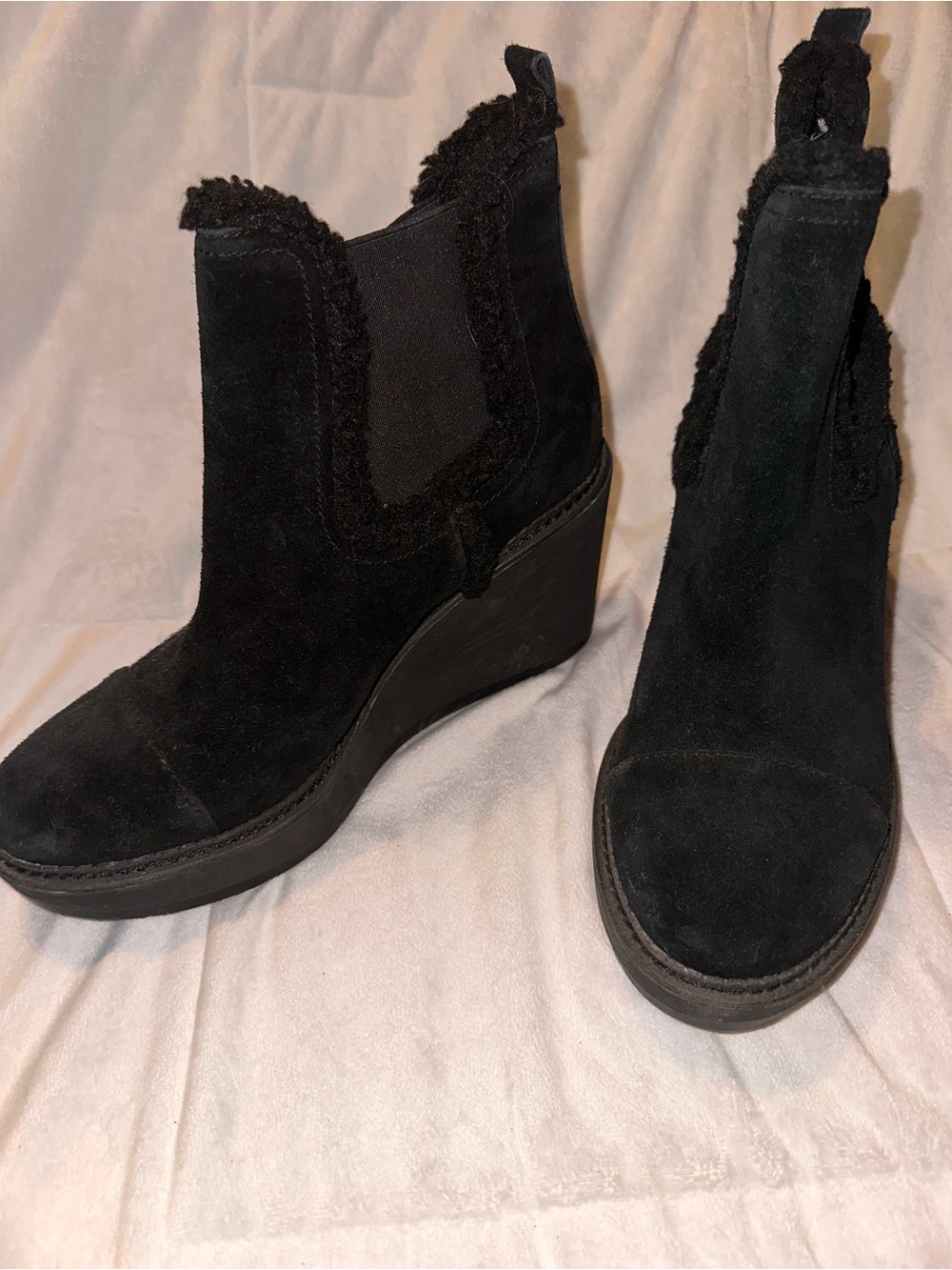 Sam Edelman Black Suede Wedge Ankle Boots with Shearling Trim